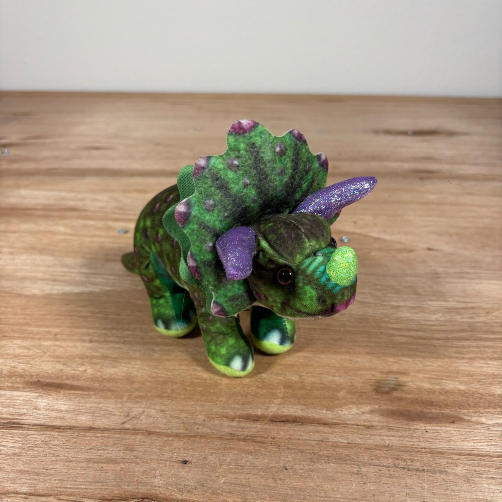 Toy Factory Triceratops Dinosaur Plush Green Purple Spotted Sparkle Horns 9 Inch